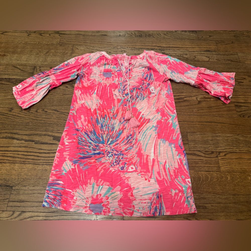 Lilly Pulitzer Pink Coral Tassel Tie Tunic Dress Small Cotton Modal Floral
